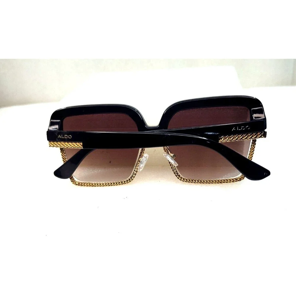 ALDO Square Sunglasses Black Frame Gray Gradient Gold Trim Oversized 27-19-150
